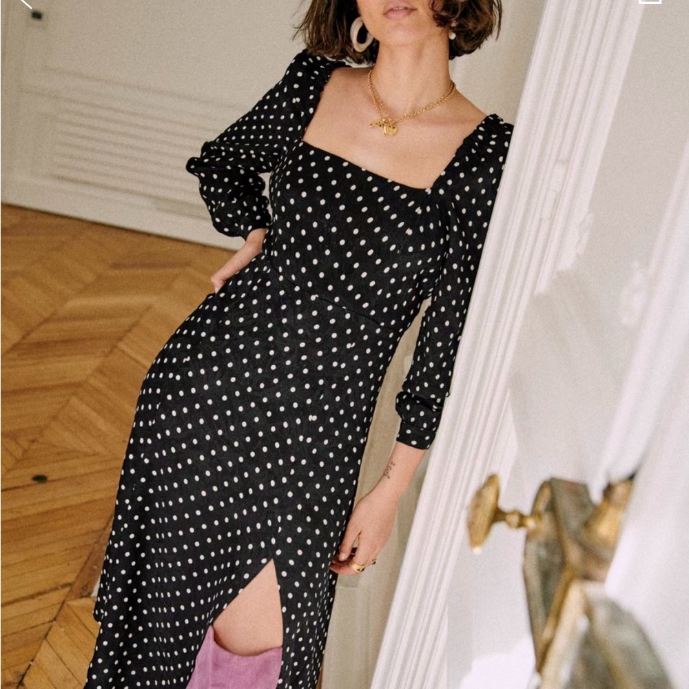 Sézane Black Polka Dot Midi Dress